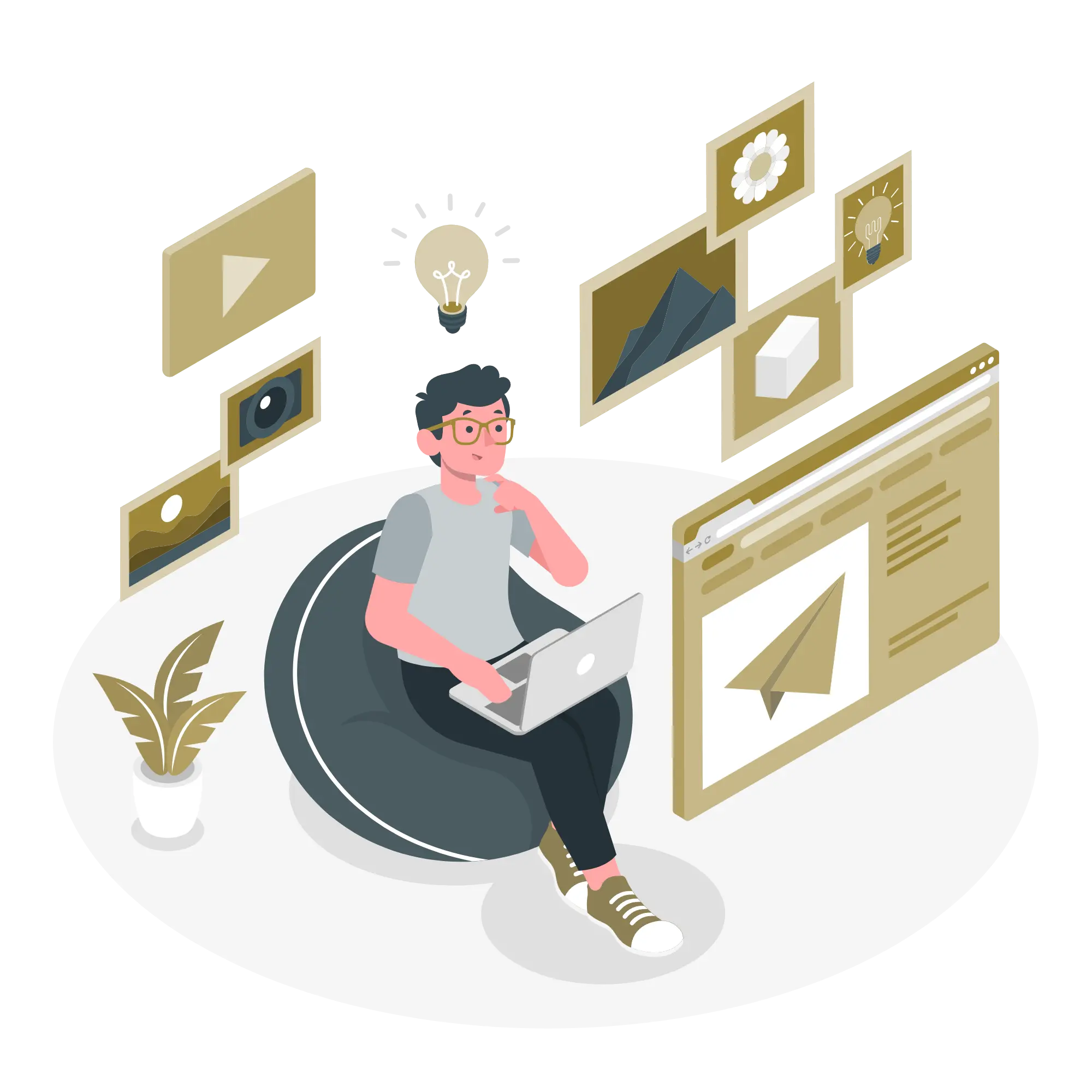 Personal branding concept showing a professional working on a laptop, surrounded by digital media and creative content icons