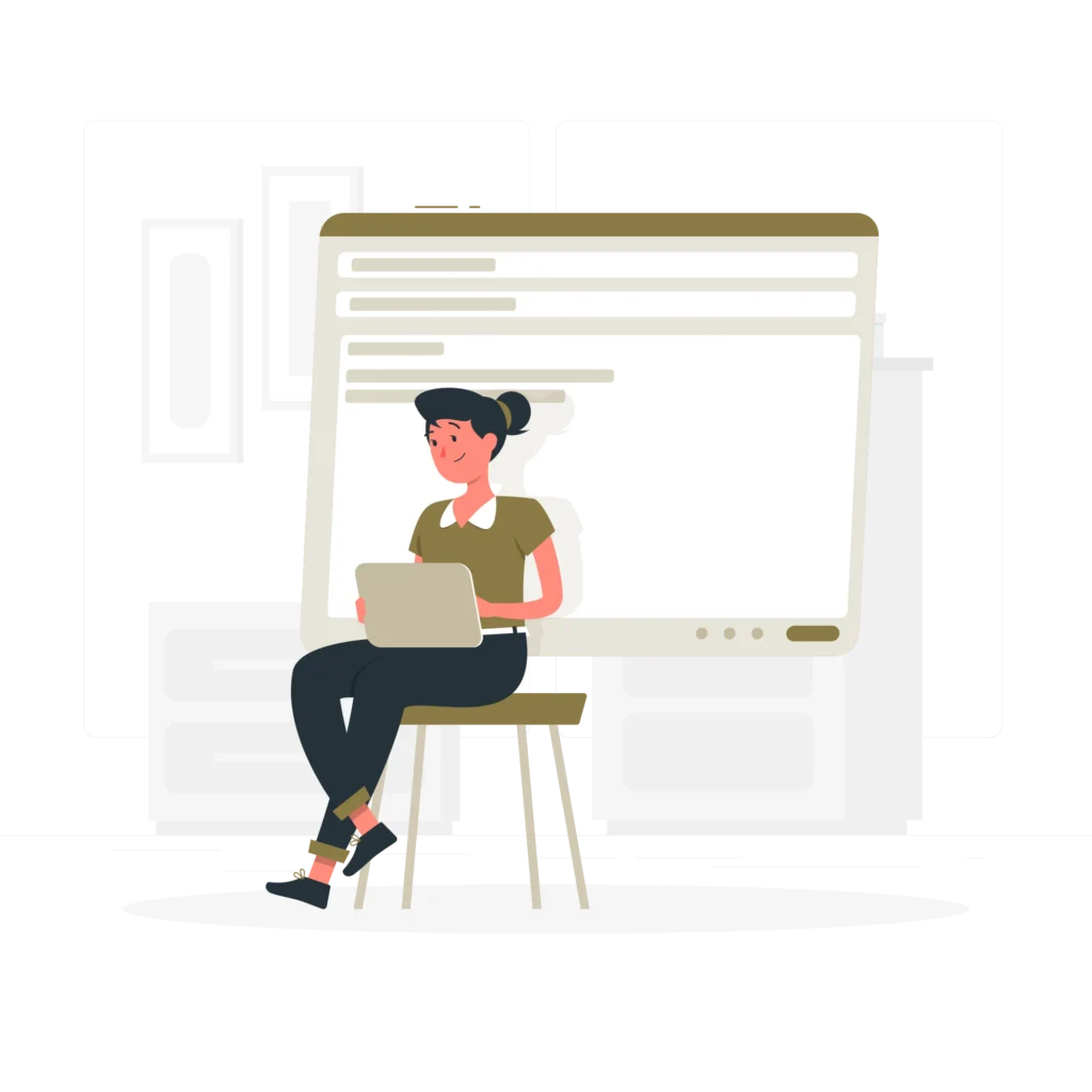 Email marketing illustration showing a woman using a laptop while sitting in front of an email webpage interface