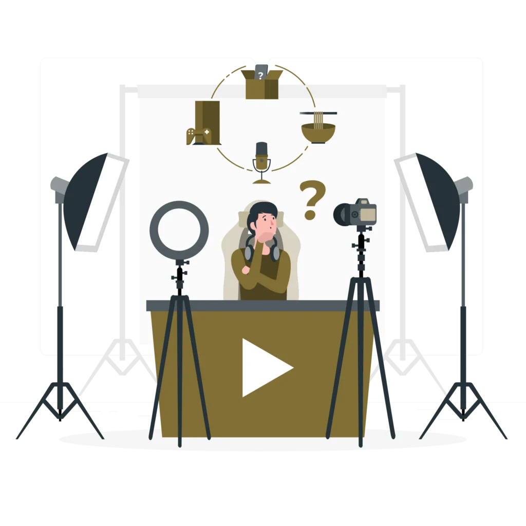 Content marketing illustration showing a creator in a studio with cameras, lighting equipment, microphone, and video recording setup