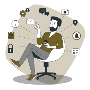 Social media marketing illustration showing a man using a smartphone surrounded by communication, social media, notification, calendar, and digital marketing icons