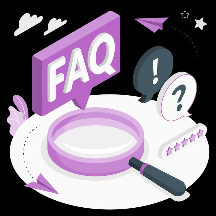 FAQ illustration featuring a large FAQ speech bubble surrounded by question marks, an exclamation mark, and communication icons