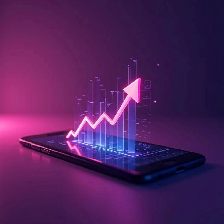 Smartphone displaying a rising analytics graph and upward arrow, symbolizing digital growth, business performance, and data-driven marketing success
