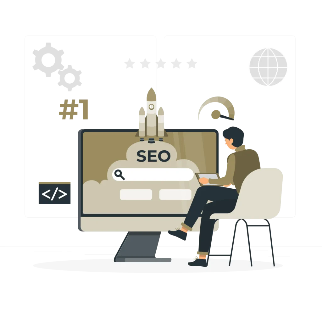 SEO services illustration showing a person working on a computer with SEO, search, coding, and digital marketing icons