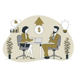 Digital marketing illustration showing two professionals discussing business strategy, with analytics, growth, money, and lightbulb icons representing digital marketing