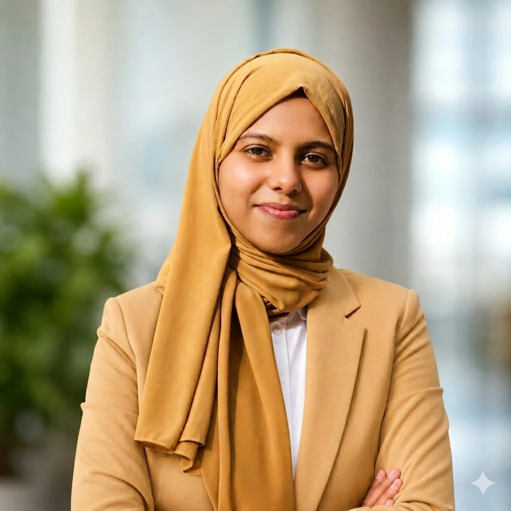 Professional woman wearing a beige hijab and blazer, smiling at the camera in an office setting